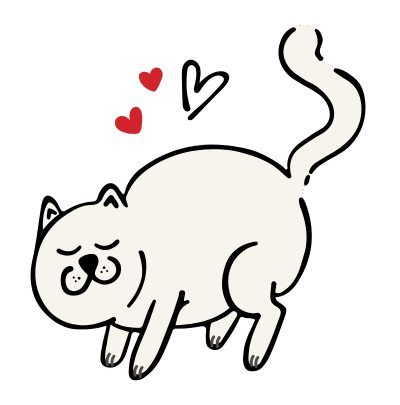 a doodle-style happy cat and hearts illustration