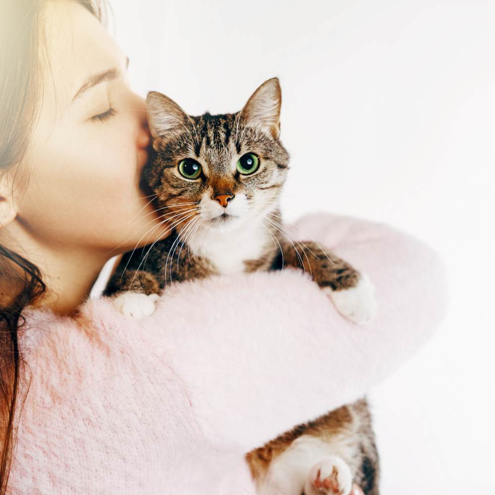 a person in a pink sweater holding a cat